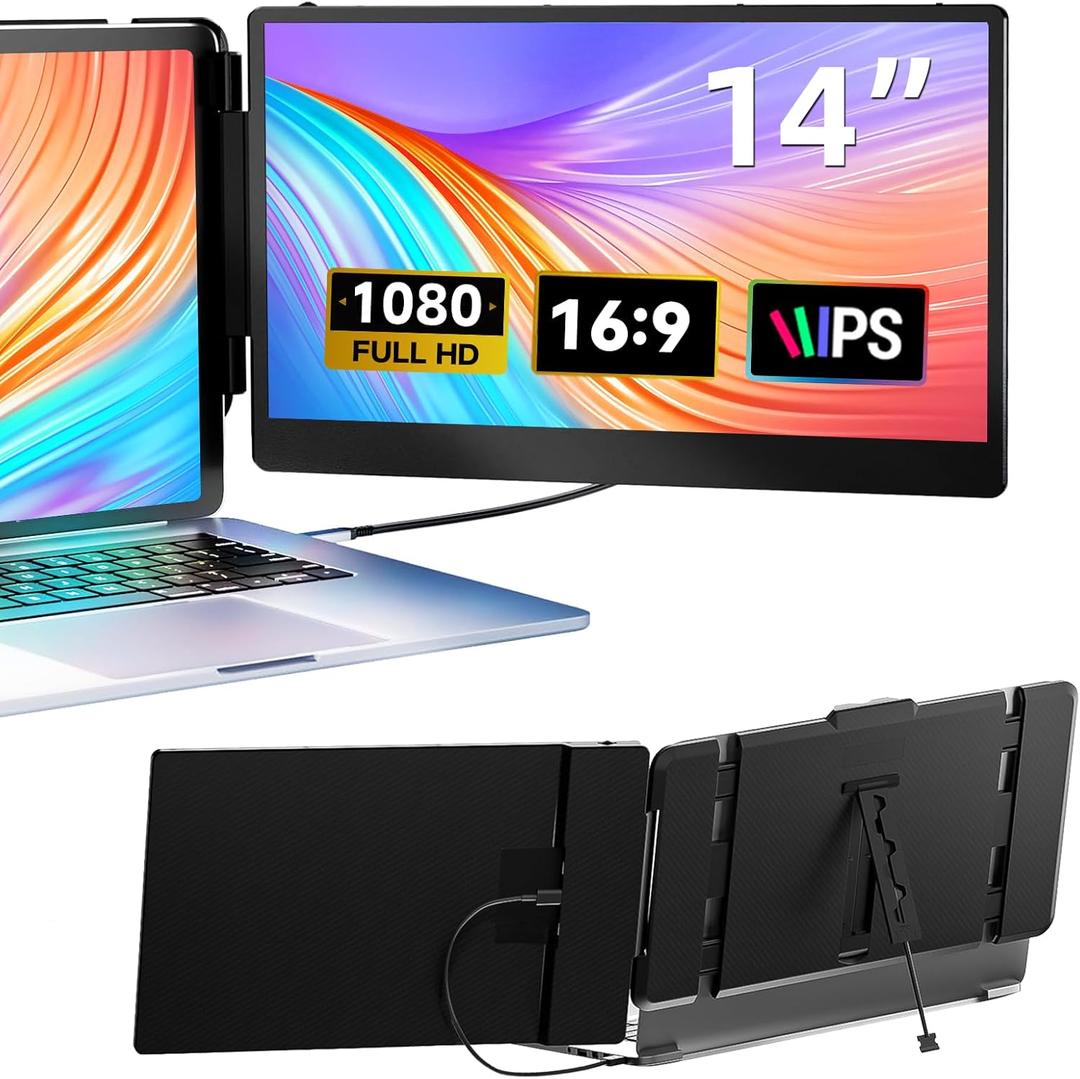 Laptop Screen Extender, 14" FHD 1080P IPS Dual Laptop Monitor Extender, Plug n Play Portable Travel Monitor for Laptops 13.3"-17" with HDMI/USB-A/Type-C, Compatible with Windows Mac Chrome Android