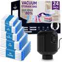 Morecoo 24Pack Vacuum Storage Bags with Electric Pump & New Air Valve, Space Saver Compression Bags for Clothes, Comforters, and Travel Essentials  Includes Jumbo, Large, Medium, Small & Roll-Up Bags