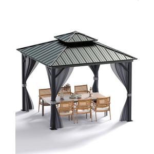 GarveeLife 10 ft x10 ft Hardtop Gazebo for All Weather, with Metal Double Roof, Aluminum Alloy Frame, Net, and Curtain, Heavy Duty Building for Patio, Deck, Backyard, Lawn, and Garden (Gray)