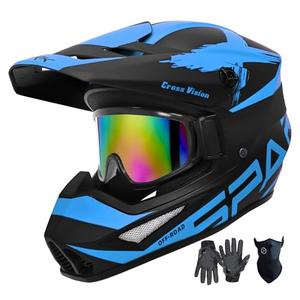 Motocross Helmet,Youth Adult ATV Dirt Bike Motorcycle Helmet,BMX 4-Wheeler Off-Road Mountain Bike Helmet,DOT Certified,W/Gloves Goggles Mask 4-Piece Set (X Blue, Small)