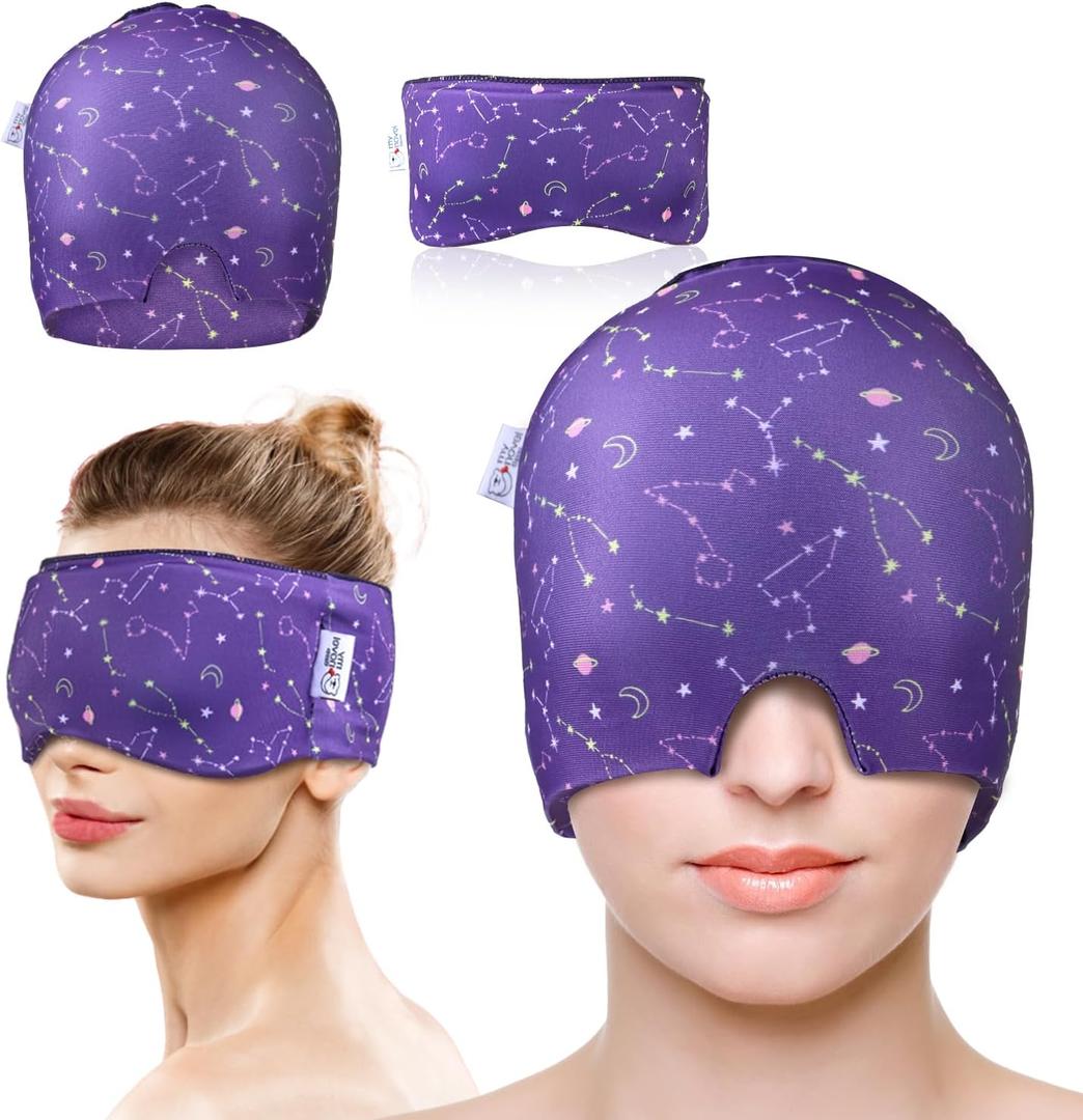 Migraine Relief Cap, Gel Cooling 2 Pack Set, Headache Relief with Hot/Cold Ice Cap, Instant Headache Relief, Reusable Ice Pack for Stress Relief Migraine Mask Gift for Women Man (Purple)