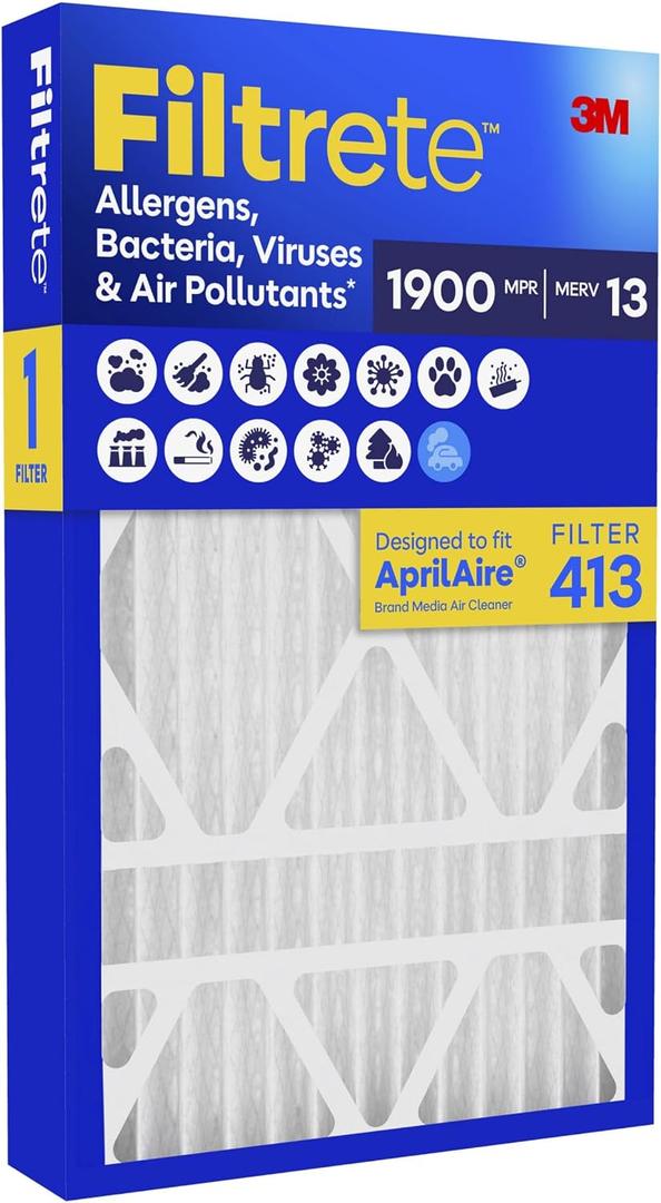 Filtrete 413 Air Filter, AprilAire 413 Replacement Filters, MERV 13, MPR 1900, Allergens, Bacteria, Viruses & Air Pollutants, 12-Month AC/Furnace Filters, Cleaner Air, Reliable Airflow, 1 HVAC Filter