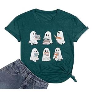 Halloween Teacher Shirts for Women Reading Books T-Shirt Funny Teacher Librarian Halloween Party Tee Tops Dark Green S