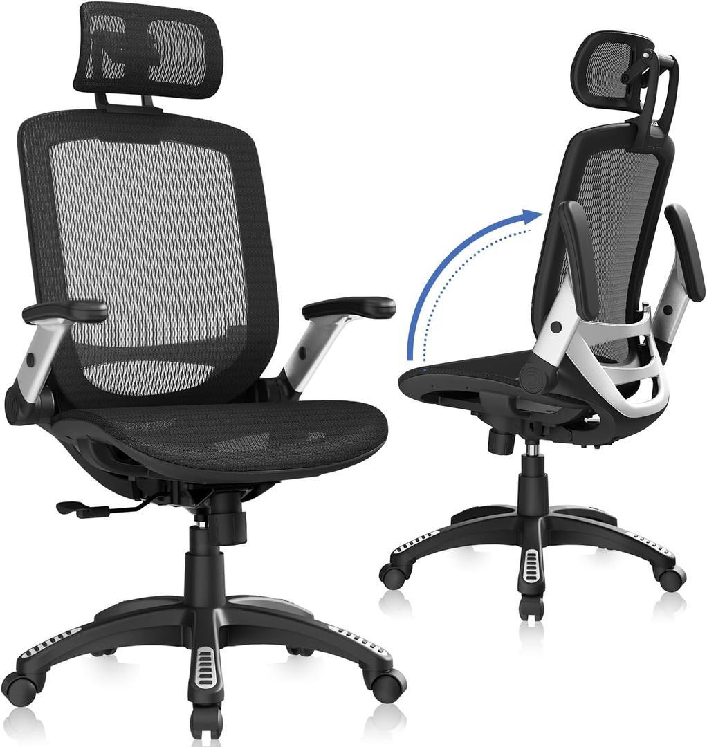 GABRYLLY Ergonomic Office Chair, High Back Home Desk Chair with Headrest, Flip-Up Arms, 90-120 Tilt Lock and Wide Cushion, Big and Tall Mesh Chairs for Man Woman, Black Task Chair