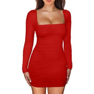 XXTAXN Women's Sexy Bodycon Long Sleeve Backless Party Mini Dress Red, M