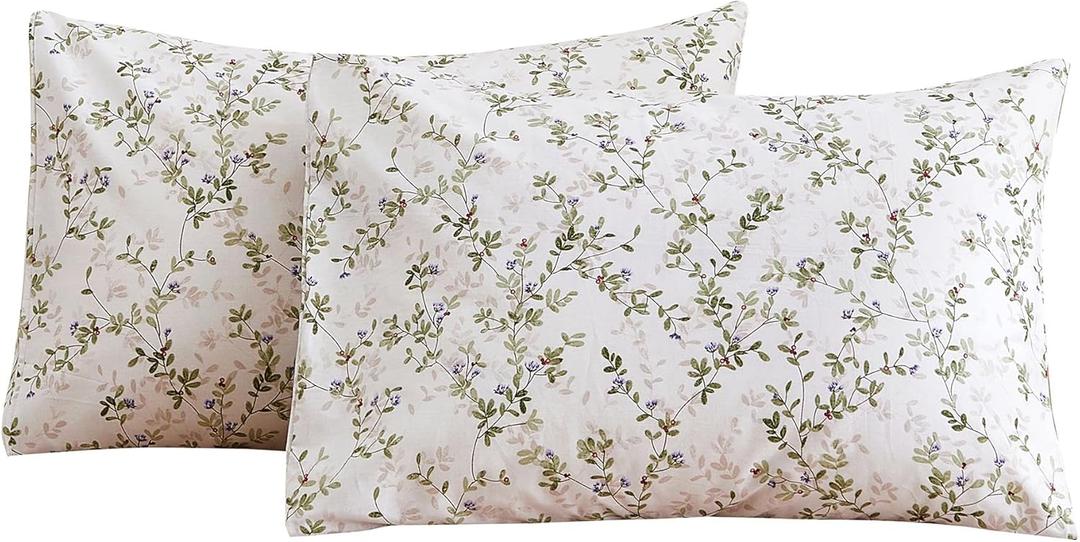 ECOCOTT Pillowcase Standard Size Set of 2, Mini Green Leaves Pattern Printed Floral Pillow Cases - Soft and Breathable 100% Cotton Pillow Covers with Envelope Closure(Standard, 20"x26")