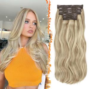 BARSDAR Blonde Wavy Clip in Hair Extensions - 20 Inch Loose Wavy Layered Clip in Hair Extensions for Women, 5 PCS Lace Weft Soft Synthetic Dirty Blonde Balayage Hairpieces Voluminous Easy Wear