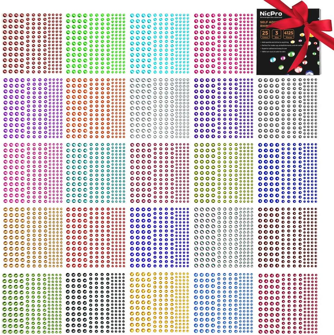 4125 PCS Self-Adhesive Rhinestone Stickers, Nicpro Bling Gem Stickers for Face Nail Body Makeup Festival, 3 Sizes 25 Colors, 25 Sheets for DIY Crafts Decorations Cards