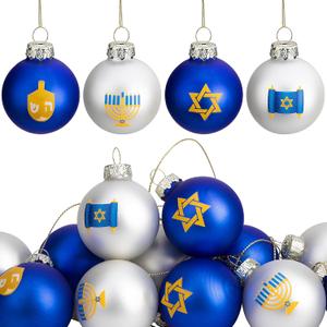 12pcs Glass Ball Ornaments, Star of David Hanukkah Ornament Balls, White and Blue Jewish Menorah Decorations for Tree (12 pcs)