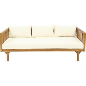 Merax Outdoor Acacia Wood 3-Seat Loveseat Sofa w/Cushion, Patio Furniture, Teak+Beige