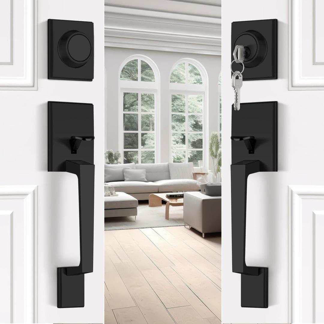 Black Double Front Door Lock Set, Matte Black Double Door Handle Set | , Exterior Door Handle with Deadbolt and Passage | Heavy Duty Front Door Hardware | Reversible Door Lever for Left/Right Door