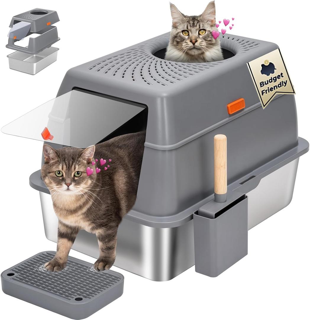 Stainless Steel Litter Box with Lid, SUS304 Metal Cat Litter Boxes, Enclosed Extra Large Kitty LitterBox High Wall, Jumbo Cat Toilet with Triple Pedal, Non-Sticky, Anti-Leakage (XL Grey)