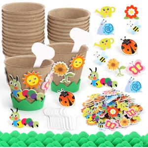 Ayfjovs Garden Paper Pot Craft Kit 30 Pack Flower Plant Spring Craft with 120 PCS Adhesive Foam Stickers and 30 PCS Plastic Plant Labels for Kids Science, Classroom Decoration (Round)