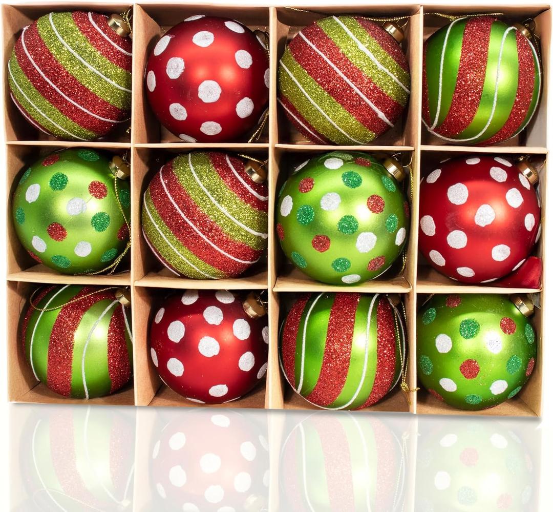 12PCS Green Red Christmas Ball Ornaments, 3.15" Large Shatterproof Plastic Hand-Painted Glitter Xmas Tree Decorations (Green)