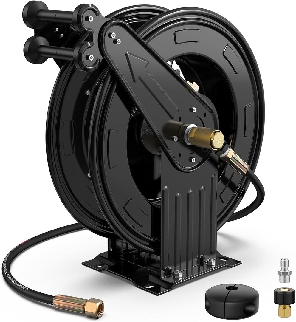 Pressure Washer Hose Reel, Double Arm 3/8 in x 50 ft Retractable Pressure Washer Reel, Auto Rewind Heavy Duty Steel Professional Power Wash Hose Reel with 5 ft Lead for Air/Oil/Water 4000 PSI