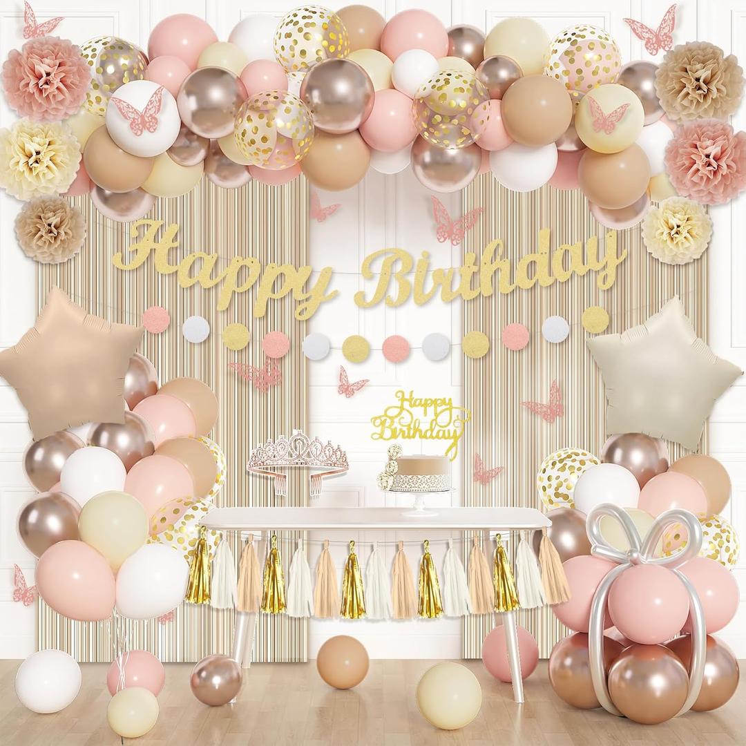 Ouddy Life Birthday Decorations for Women Girls, Neutral Foil Star Balloons Happy Birthday Circle Dots Banner Fringe Curtains Cake Topper Butterfly Paper Pompoms for Baby Shower Party Supplies