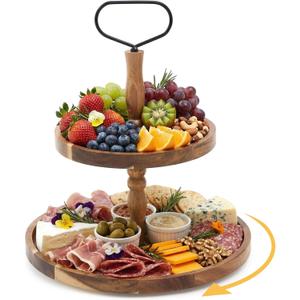 LemonRoad 2 Tiered 360° Rotatable Acacia Charcuterie Boards gift Large Wood Serving Tray Charcuterie cake stand, Perfect for christmas Gatherings, Housewarming party, Celebrations, and Daily Usage