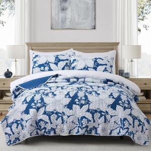 Floral Bedding Quilt Set Bedspread - Blue Floral Quilt Lightweight Reversible Dyed Oversized Bed Spread Coverlet with 2 Pillowsham for Home All Season Tropical Luxury Royal (Oversized King)
