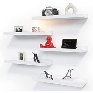 RICHER HOUSE 5 Set White Floating Shelves, Modern Picture Ledge Shelf with Lip for Wall Storage in Nursery, Bedroom, Living Room, Bathroom 16x4 Inch