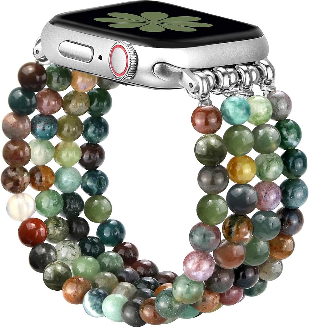 JR.DM Natural Stone Beaded Bracelet Bands for Women Compatible with Apple Watch 40mm 41mm 38mm 42mm(S10/11) Comfort Cool Elastic Strap Replacement for iWatch Series 11/10/9/8/SE/7/6/5/4/3/2/1 (Indian Agate)