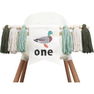 HGFC Duck 1st Birthday Highchair Banner Decorations - First Birthday High Chair Banner - Duck Hunting Theme Party Supplies - Duck Embroidery Tassel Garland - Mallard Duck Wood Bead Tassel Party Banner