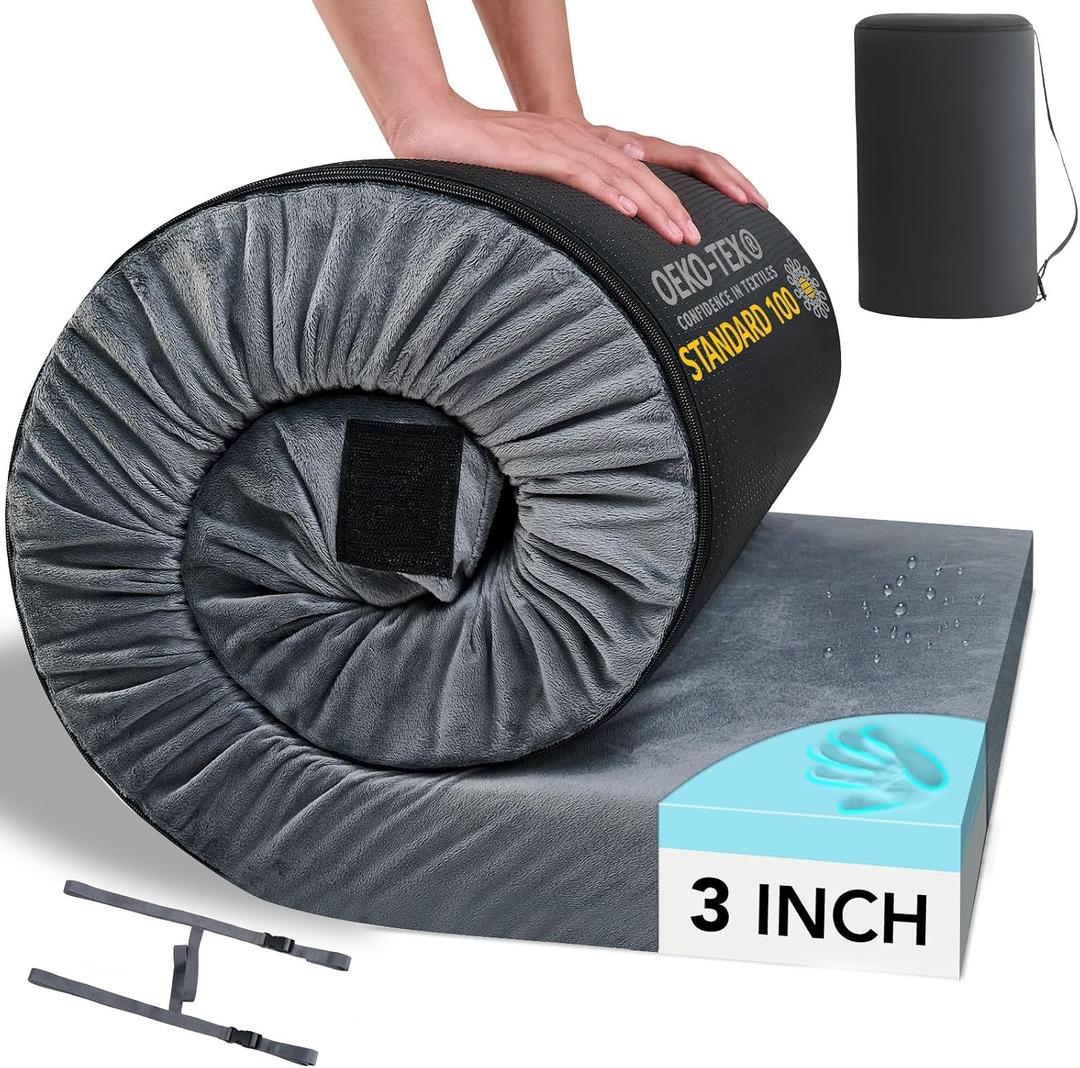 HomeMate Memory Foam Camping Mattress Pad: Portable Car Sleeping Pad | Roll Up Floor Mattress for Camping Cot Tent Truck Travel, Non-Slip Waterproof Sleeping Mat for Adults Guests, Grey, Cot / 72*24*3