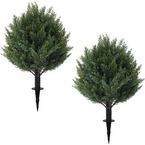 2 Pack Artificial Cypress Topiary Ball Trees with Ground Spike, 24" Norfolk Fake Bushes Shrubs UV Resistant Faux Plants Greenery for Outdoor Planters Garden Front Porch Pot Urn Fillers Spring Decor
