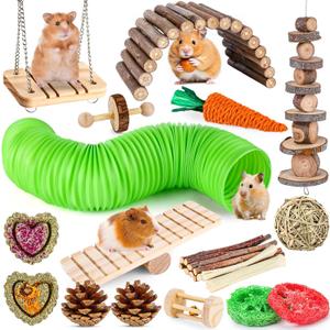 VESPRO Hamster Toys Set, Guinea Pig Toys Small Animal Chewing Toy and Rat Cage Accessories, Chinchillas, Gerbils, Rats, Rabbit Rodents Teeth Care, Apple Wood Timothy Hay Mouse Toy Swing Seesaw Bridge