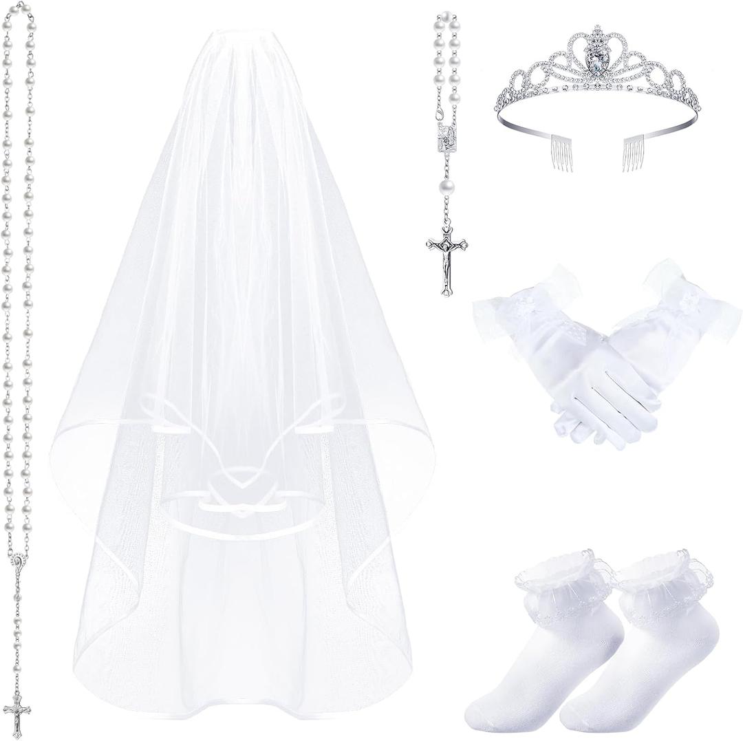 Funtery 6 Pcs First Communion Veils for Girls Catholic Set 1st Communion Wreath Veil Headpiece Sock Necklace Bracelet Kid