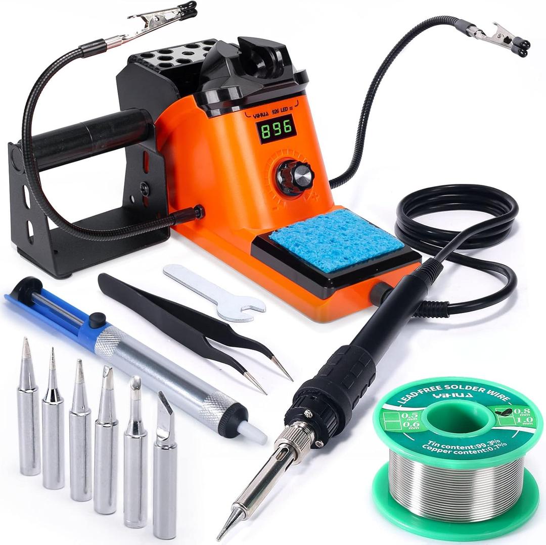 YIHUA 926 III 60W LED Display Soldering Iron Station Kit w 2 Helping Hands, 6 Extra Iron Tips, Roll of Lead-Free Solder, Solder Sucker, S/S Tweezers, C/F Conversion, Auto Sleep & Calibration Support (Orange)