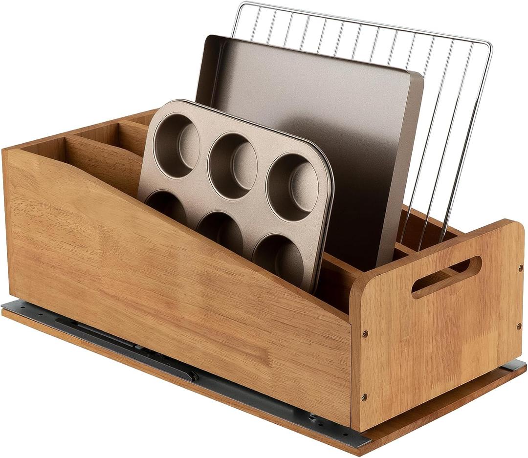 DINDON Pull Out Cabinet Organizer for Pans, Cookie Sheet, Bakeware, Cutting Board, Slide Out Kitchen Cabinet Storage Organizer Rack, 10.5''W X 21"D X 7.5"H, Wood