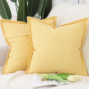 MADIZZ Pack of 2 Faux Rustic Linen Throw Pillow Covers with Flange Edge Soft Boho Natural Decorative Pillowcases for Sofa Living Room Modern Throw Pillows for Bed 24x24 Inch Yellow