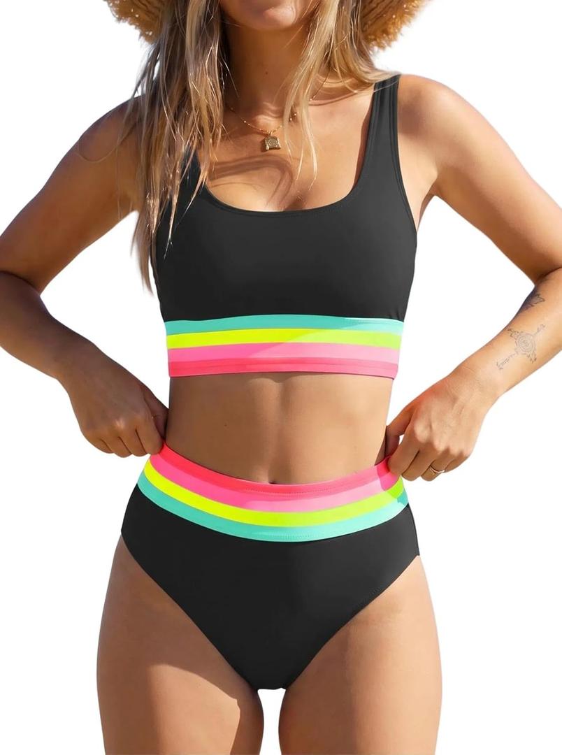 popvil Womens High Waisted Bikini Sets Two Piece Neon Tummy Control Swimsuit 2026 Sporty Rainbow Bathing Suit (Black, M)