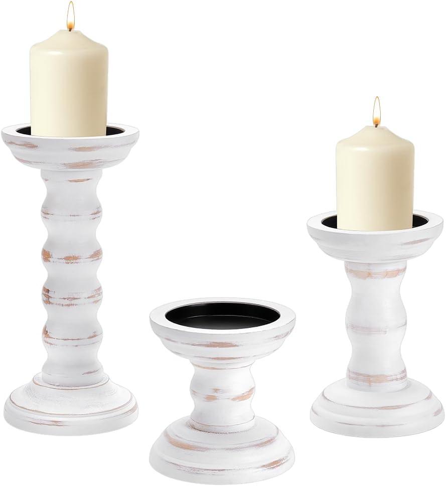 5 Pack Wood Farmhouse Candle Holder, Tall Wooden Candlestick Holder Vintage Candle Stand Rustic Style Home Decor for Christmas Table Centerpieces Coffee Fireplace Mantel Decoration, White