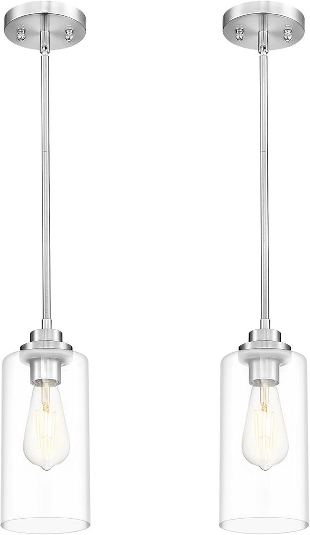 Pendant Light Fixtures, Pendant Lighting for Kitchen Island, Brushed Nickel Clear Glass, Farmhouse Island Lights for Kitchen Dining Room Bedroom, 2 Pack