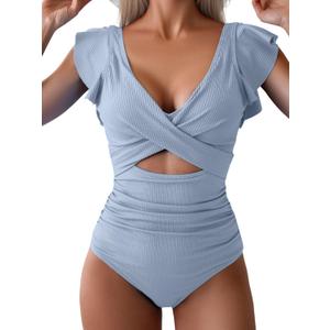 B2prity Women's One Piece Swimsuit Ruffle Cutout Bathing Suits Slimming Tummy Control V Neck Wrap Swimwear (Gray Blue Ribbed, Small)
