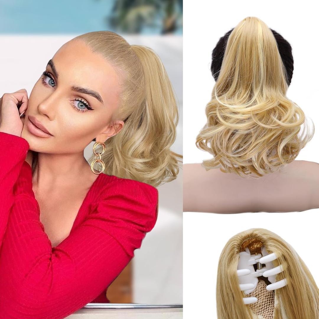 NAYOO Claw Clip Ponytail Extension Dirty Blonde 12" Short Wavy Ponytail Clip in Hair Extensions for Women Curly Natural Layered Pony Tails for Short Thin Hair Synthetic Hairpiece(Dirty Blonde)