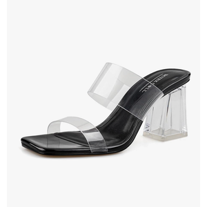 BCTEX COLL Women's Clear Heeled Sandals Transparent Two Strap Square Toe Slip On Chunky Block Heels Dress Shoes, Beige, Black, Nude, Rose Gold Size 7
