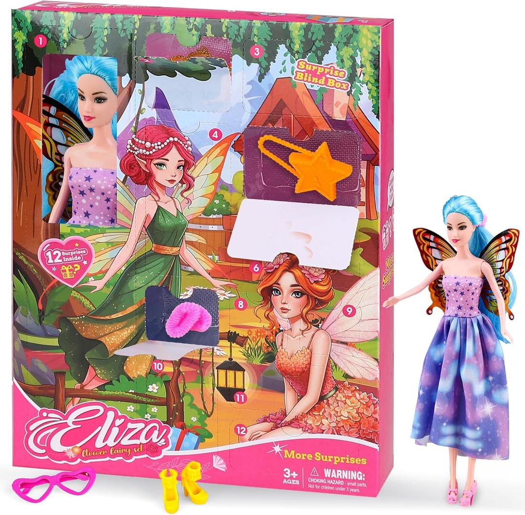 Baljinder 2025 Advent Calendar with Doll, 12 Surprise Accessories Including Clothing Glasses Hand Bags & High Heels, Kids Advent Calendar for Girls Ages 4-7, Holiday Party Birthday