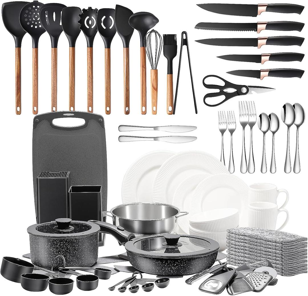72-Piece Kitchen Cooking Set, Pots and Pans Cookware, Nonstick Cookware Set, Plates and Bowls Dinnerware Knife Set, Kitchen Gadgets & Tools For New Home, Apartment, Mothers Day Gifts