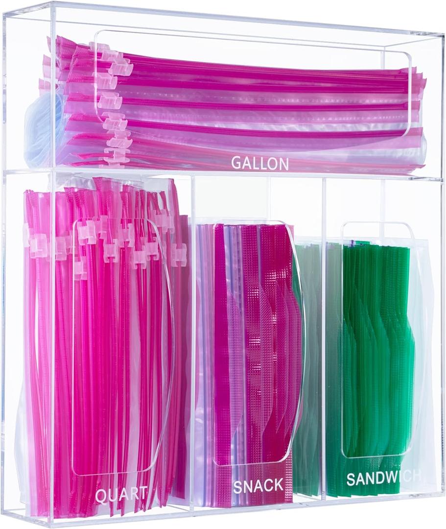 Acrylic Bag Storage Organizer for Kitchen Drawer, Food Storage Bag Organizer Holder Compatible with Ziplock, Glad, Hefty, Gallon, Quart, Sandwich & Snack Variety Size Bag (Clear)