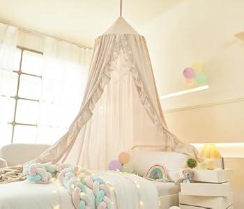 Mengersi Bed Canopy for Girls, Ruffled Canopy Bed Curtains Kids Canopy for Girls Room, Hanging Canopy Princess Play Tent for Reading Nook Play Room Decor (Ivory)