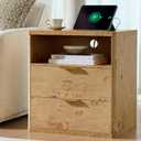 Awescuti Burl Finish Nightstand with Charging Station - Farmhouse Bedside Table with USB & 2 Outlets, Night Stand with Drawer and Large Open Shelf, Vintage Dresser for Bedroom, 2 Drawers