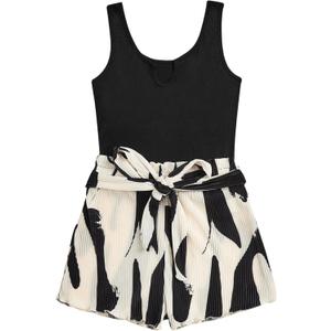 SOLY HUX Women's Summer Sleeveless Belted Tank Romper Short Jumpsuit (XX-Large, Graphic Print)