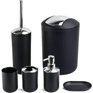 Papillon 6-Piece Bathroom Accessories Set, Toothbrush Holder with Cup, Soap Dispenser & Dish, Toilet Brush, Can, Tumbler Set (Black)