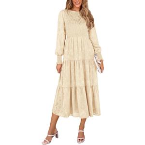 PRETTYGARDEN Women's Fall Spring Midi Dress Long Sleeve Floral Smocked Elegant Wedding Guest Long Flowy Dresses with Pockets (XXL)