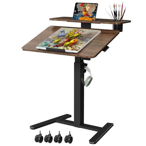 Liftsync 28 inch Mobile Standing Desk On Wheels， Small Computer Workstation Adjustable Height Rolling Laptop Stand with Tiltable Desktop， 2-Tier Portable Study Table with Storage Shelf， Walnut