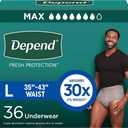 Depend Fresh Protection Adult Diapers, Incontinence Underwear for Men, Disposable, Maximum, Large, Grey, 36 Count