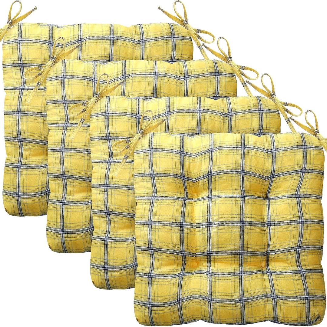 Geetery Outdoor Plaid Chair Cushions with Ties for Dining Chairs Scottish Plaid Decorative Seat Cushions for Kitchen Patio Home Living Room, 15 x 16''(4 Pcs,Yellow and Blue), 16.14 x 14.96 x 3.15 inches