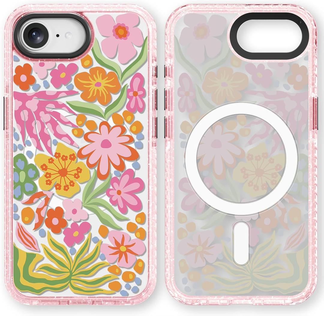 for iPhone 16E Case Cute - Compatible with Magsafe - Durable Shockproof 6.6 ft Drop Impact Phone Case - Funny Passion Flower Design (6.1") Glitter Pink